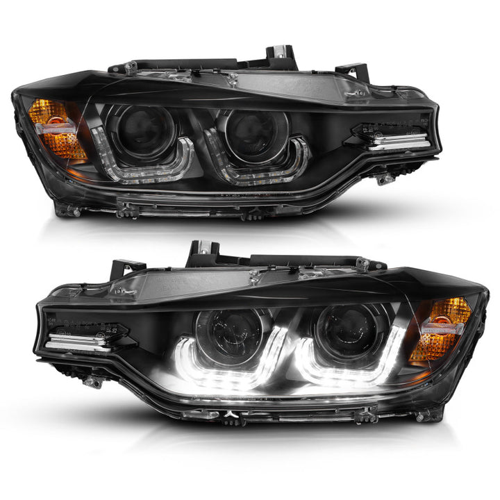 ANZO 2012-2015 BMW 3 Series Projector Headlights w/ U-Bar Black - Bull Strap