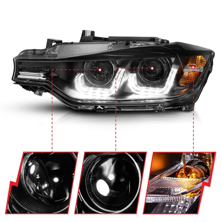 ANZO 2012-2015 BMW 3 Series Projector Headlights w/ U-Bar Black - Bull Strap
