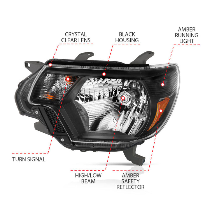 ANZO 2012-2015 Toyota Tacoma Crystal Headlights Black - Bull Strap