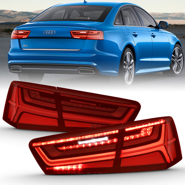 ANZO 2012-2018 Audi A6 LED Taillight Black Housing Red/Clear Lens 4 pcs (Sequential Signal) - Bull Strap