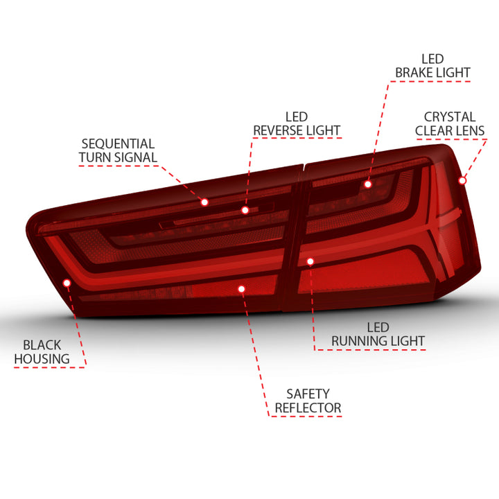 ANZO 2012-2018 Audi A6 LED Taillight Black Housing Red/Clear Lens 4 pcs (Sequential Signal) - Bull Strap