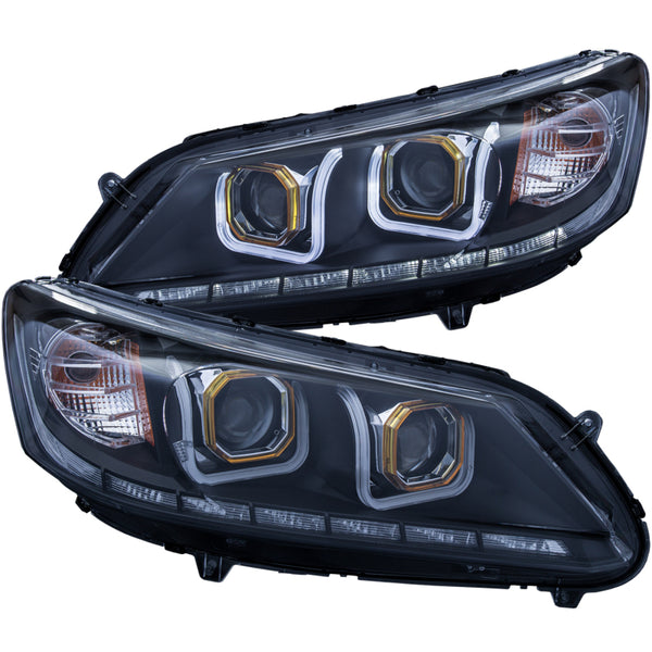 ANZO 2013-2015 Honda Accord (4dr ONLY) Projector Headlights w/ U-Bar Black - Bull Strap