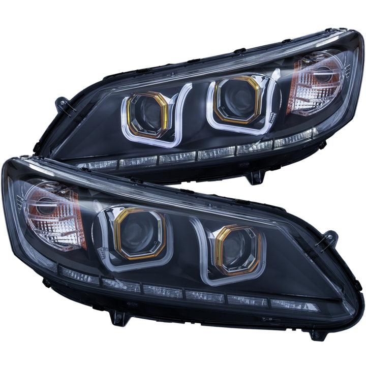 ANZO 2013-2015 Honda Accord (4dr ONLY) Projector Headlights w/ U-Bar Black - Bull Strap