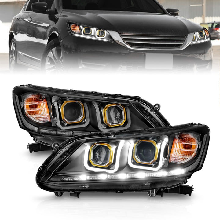 ANZO 2013-2015 Honda Accord (4dr ONLY) Projector Headlights w/ U-Bar Black - Bull Strap