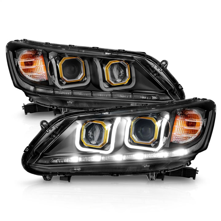 ANZO 2013-2015 Honda Accord (4dr ONLY) Projector Headlights w/ U-Bar Black - Bull Strap
