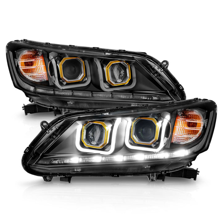 ANZO 2013-2015 Honda Accord (4dr ONLY) Projector Headlights w/ U-Bar Black - Bull Strap