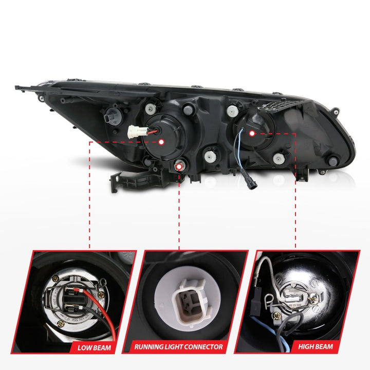 ANZO 2013-2015 Honda Accord (4dr ONLY) Projector Headlights w/ U-Bar Black - Bull Strap