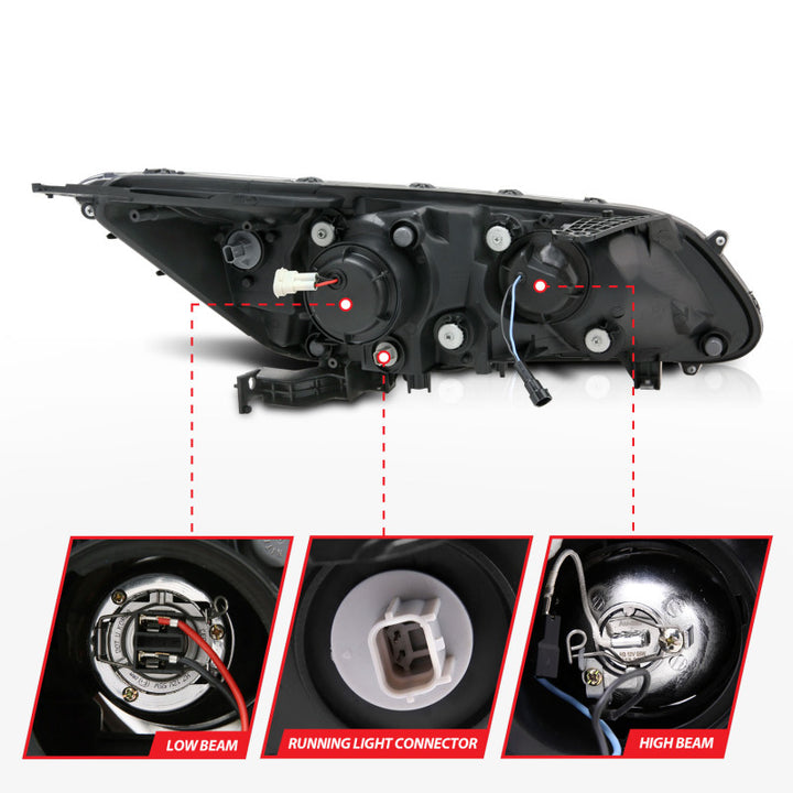 ANZO 2013-2015 Honda Accord (4dr ONLY) Projector Headlights w/ U-Bar Black - Bull Strap