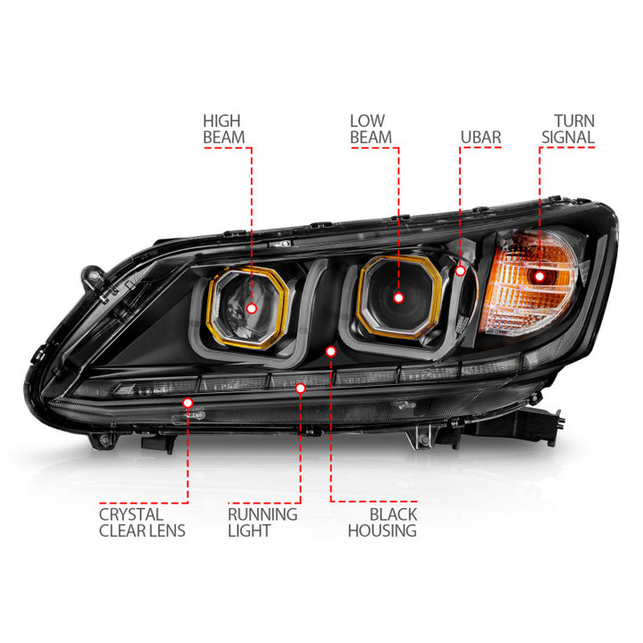 ANZO 2013-2015 Honda Accord (4dr ONLY) Projector Headlights w/ U-Bar Black - Bull Strap