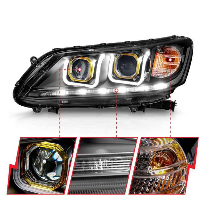 ANZO 2013-2015 Honda Accord (4dr ONLY) Projector Headlights w/ U-Bar Black - Bull Strap