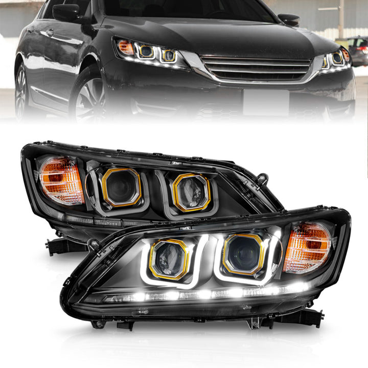 ANZO 2013-2015 Honda Accord (4dr ONLY) Projector Headlights w/ U-Bar Black - Bull Strap