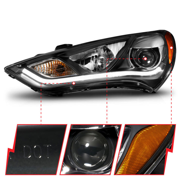 ANZO 2013-2015 Hyundai Genesis Projector Headlights w/ Plank Style Design Black (HID Compatible) - Bull Strap