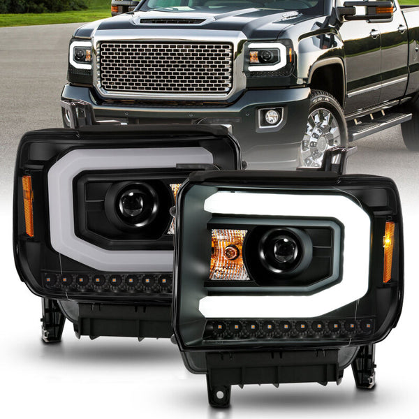 ANZO 2014-2015 GMC Sierra 1500 Projector Headlights w/ Light Bar Black Housing (Halogen Type) - Bull Strap