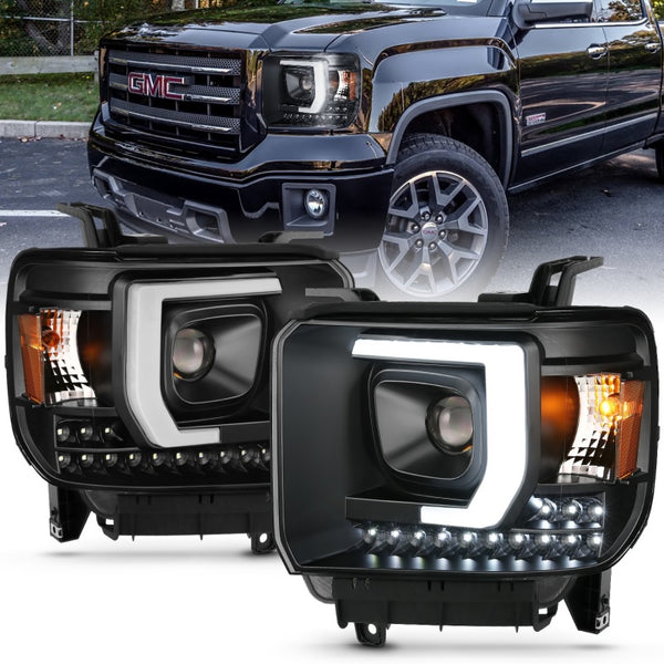 ANZO 2014-2015 GMC Sierra 1500HD Projector Plank Style Headlight Black W/ DRL - Bull Strap