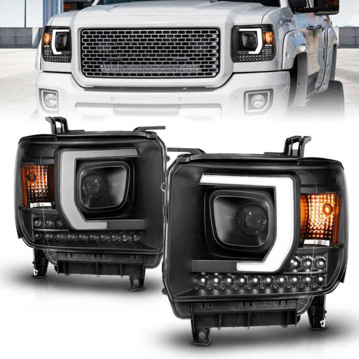 ANZO 2014-2015 GMC Sierra 1500HD Projector Plank Style Headlight Black W/ DRL - Bull Strap
