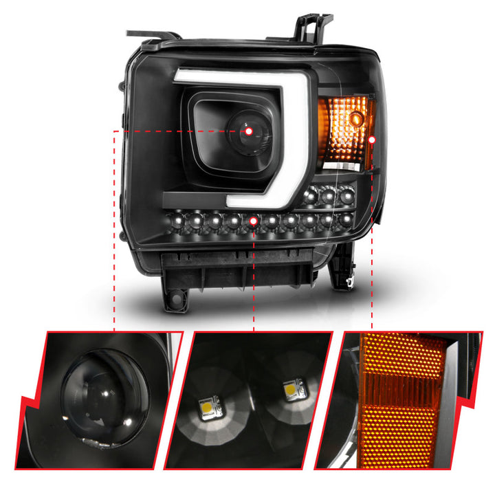 ANZO 2014-2015 GMC Sierra 1500HD Projector Plank Style Headlight Black W/ DRL - Bull Strap