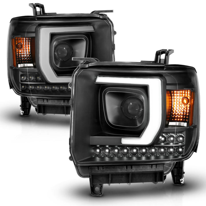 ANZO 2014-2015 GMC Sierra 1500HD Projector Plank Style Headlight Black W/ DRL - Bull Strap