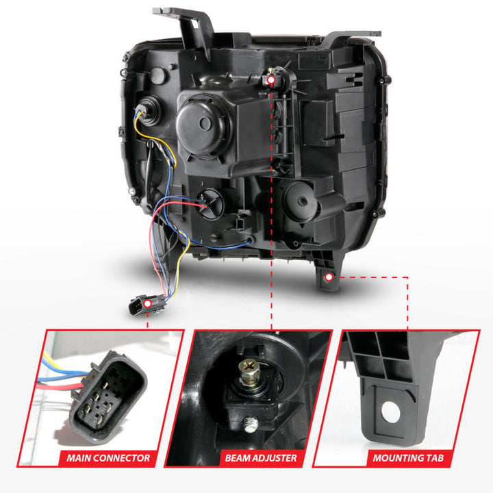 ANZO 2014-2015 GMC Sierra 1500HD Projector Plank Style Headlight Black W/ DRL - Bull Strap