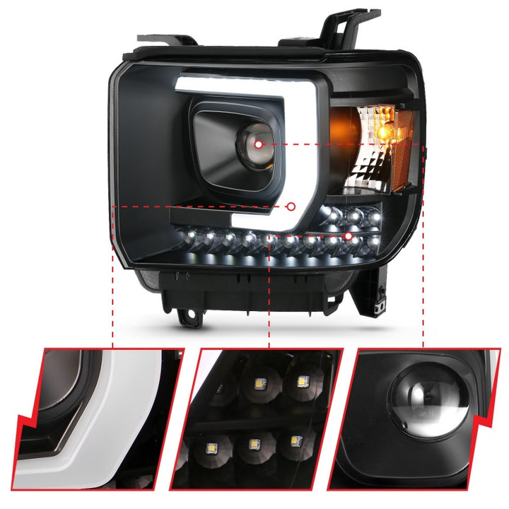 ANZO 2014-2015 GMC Sierra 1500HD Projector Plank Style Headlight Black W/ DRL - Bull Strap