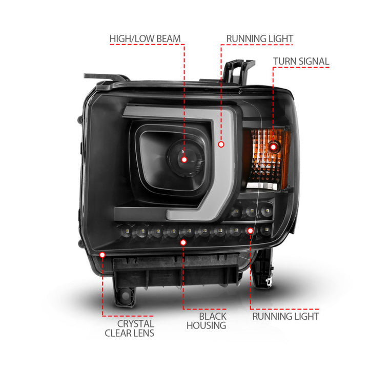 ANZO 2014-2015 GMC Sierra 1500HD Projector Plank Style Headlight Black W/ DRL - Bull Strap