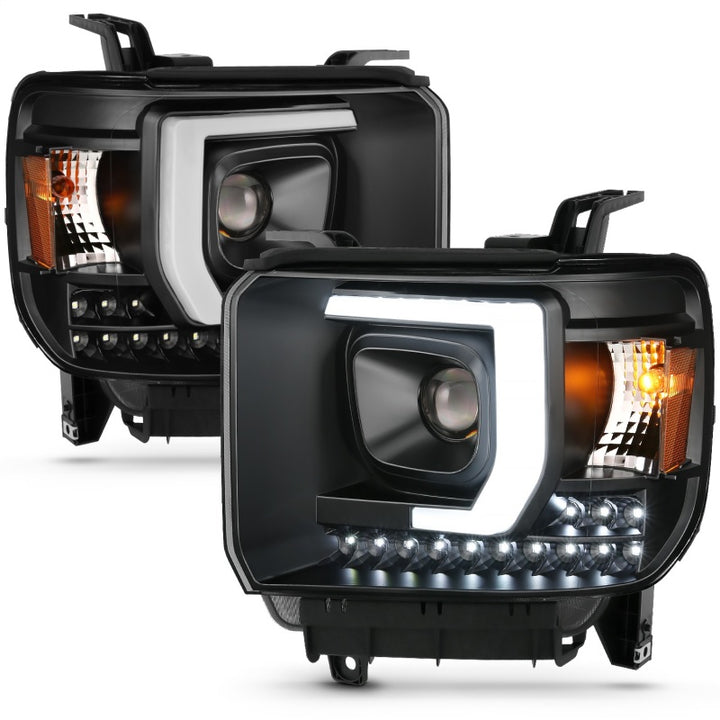 ANZO 2014-2015 GMC Sierra 1500HD Projector Plank Style Headlight Black W/ DRL - Bull Strap