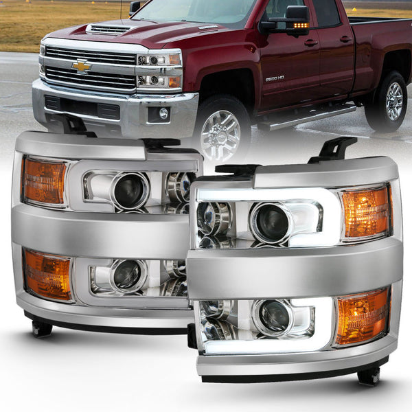 ANZO 2015-2016 Chevrolet Silverado Projector Headlights w/ Plank Style Design Chrome w/ Amber - Bull Strap