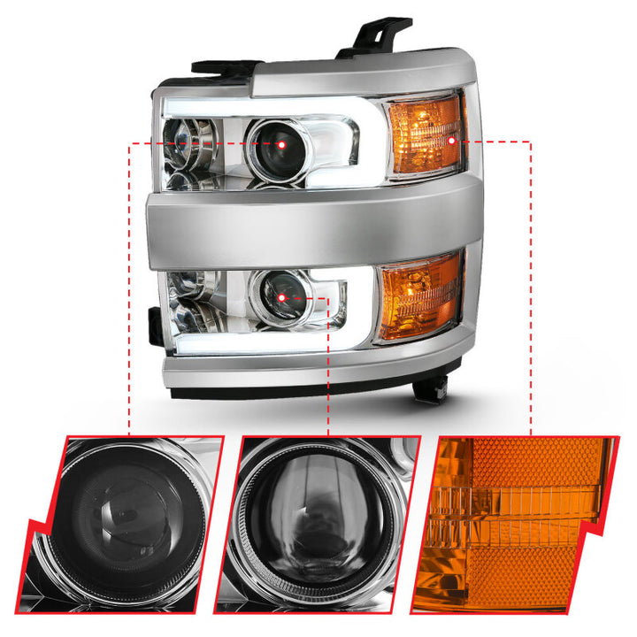 ANZO 2015-2016 Chevrolet Silverado Projector Headlights w/ Plank Style Design Chrome w/ Amber - Bull Strap