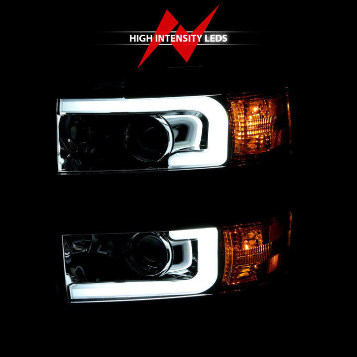 ANZO 2015-2016 Chevrolet Silverado Projector Headlights w/ Plank Style Design Chrome w/ Amber - Bull Strap