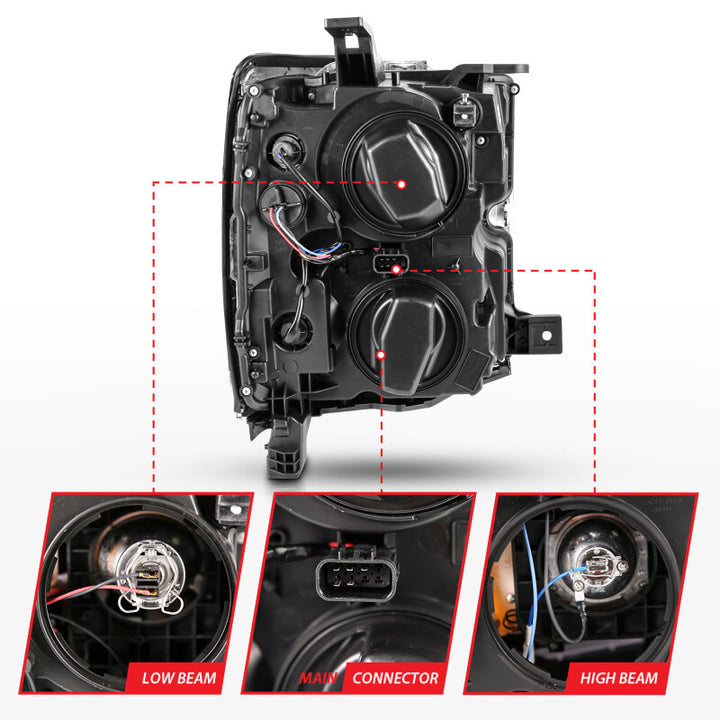 ANZO 2015-2016 Chevrolet Silverado Projector Headlights w/ Plank Style Design Chrome w/ Amber - Bull Strap