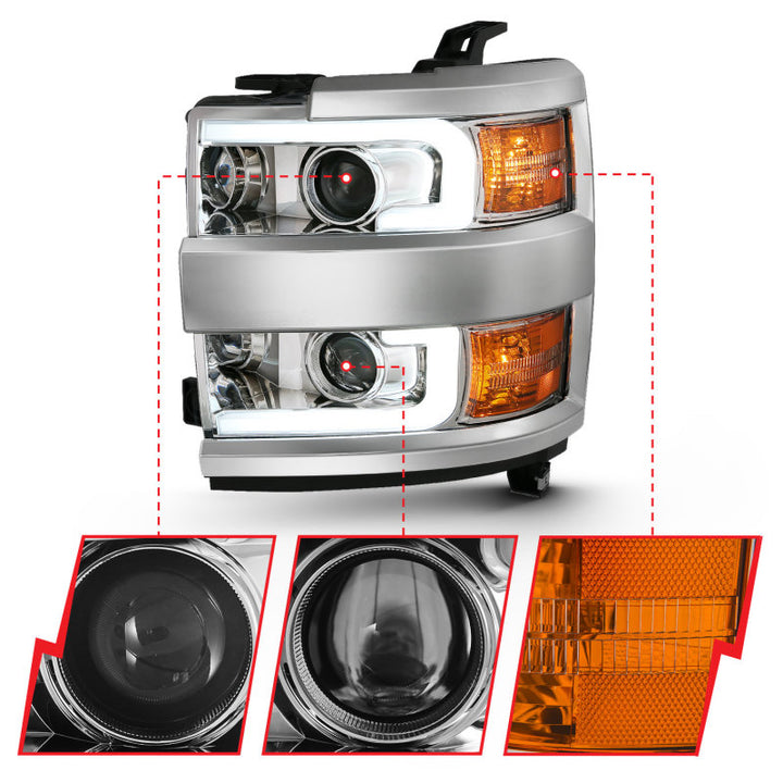 ANZO 2015-2016 Chevrolet Silverado Projector Headlights w/ Plank Style Design Chrome w/ Amber - Bull Strap