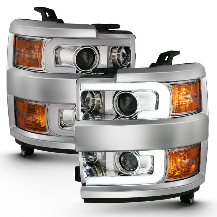ANZO 2015-2016 Chevrolet Silverado Projector Headlights w/ Plank Style Design Chrome w/ Amber - Bull Strap