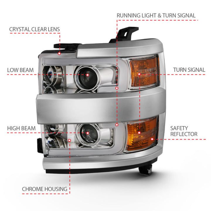 ANZO 2015-2016 Chevrolet Silverado Projector Headlights w/ Plank Style Design Chrome w/ Amber - Bull Strap