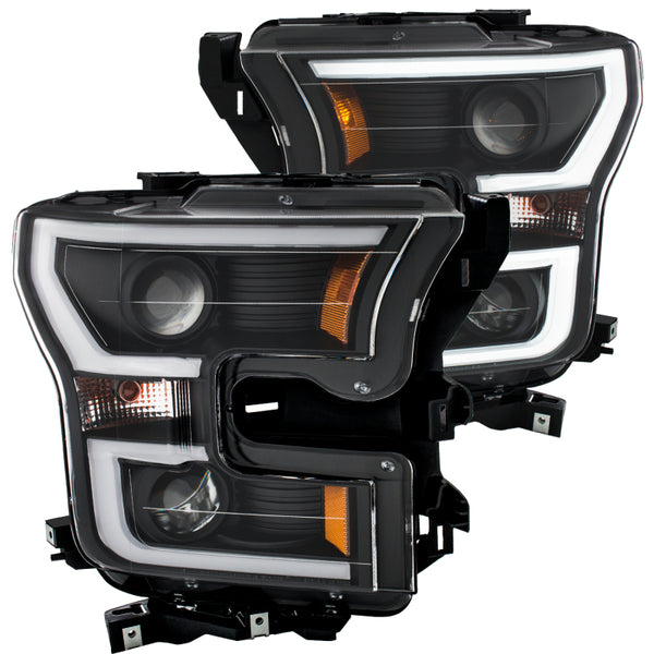 ANZO 2015-2016 Ford F-150 Projector Headlights w/ Plank Style Design Black w/ Amber - Bull Strap