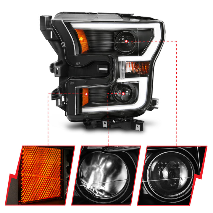 ANZO 2015-2017 Ford F-150 Projector Headlights w/ Plank Style Switchback Black w/ Amber - Bull Strap