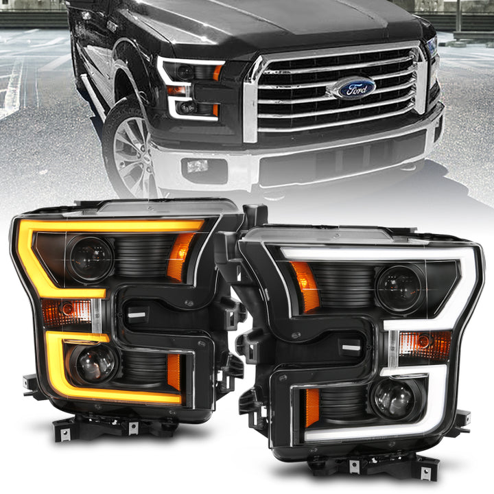 ANZO 2015-2017 Ford F-150 Projector Headlights w/ Plank Style Switchback Black w/ Amber - Bull Strap
