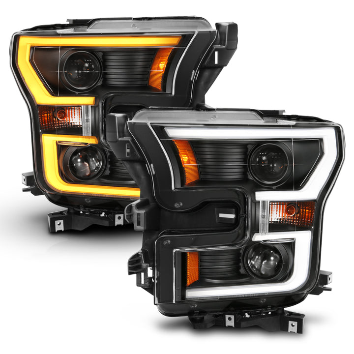 ANZO 2015-2017 Ford F-150 Projector Headlights w/ Plank Style Switchback Black w/ Amber - Bull Strap