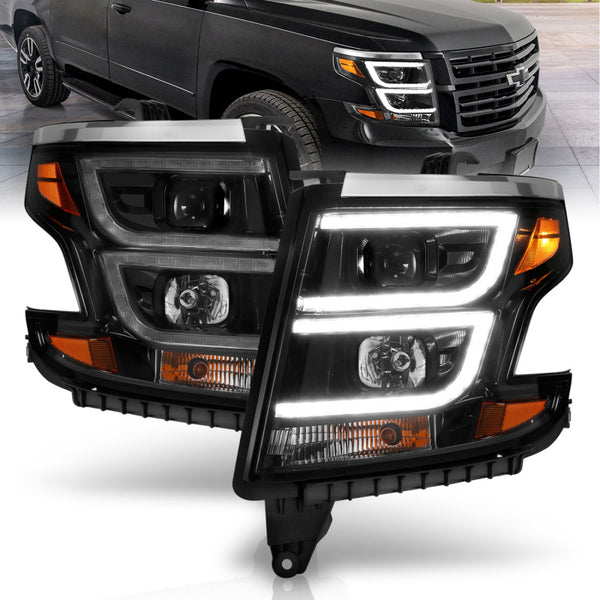 ANZO 2015-2020 Chevy Tahoe Projector Headlights Plank Style Black w/DRL - Bull Strap