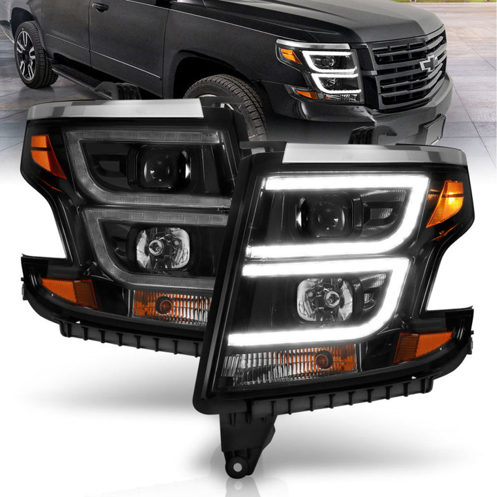 ANZO 2015-2020 Chevy Tahoe Projector Headlights Plank Style Black w/DRL - Bull Strap