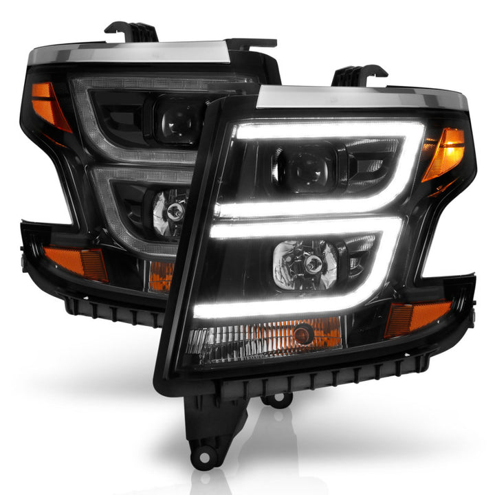 ANZO 2015-2020 Chevy Tahoe Projector Headlights Plank Style Black w/DRL - Bull Strap