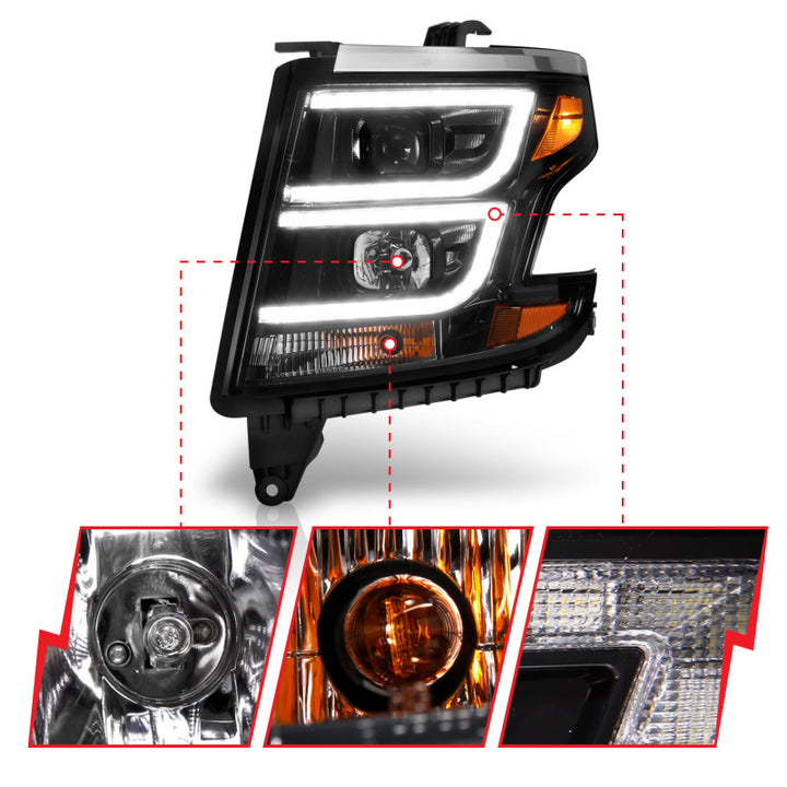 ANZO 2015-2020 Chevy Tahoe Projector Headlights Plank Style Black w/DRL - Bull Strap