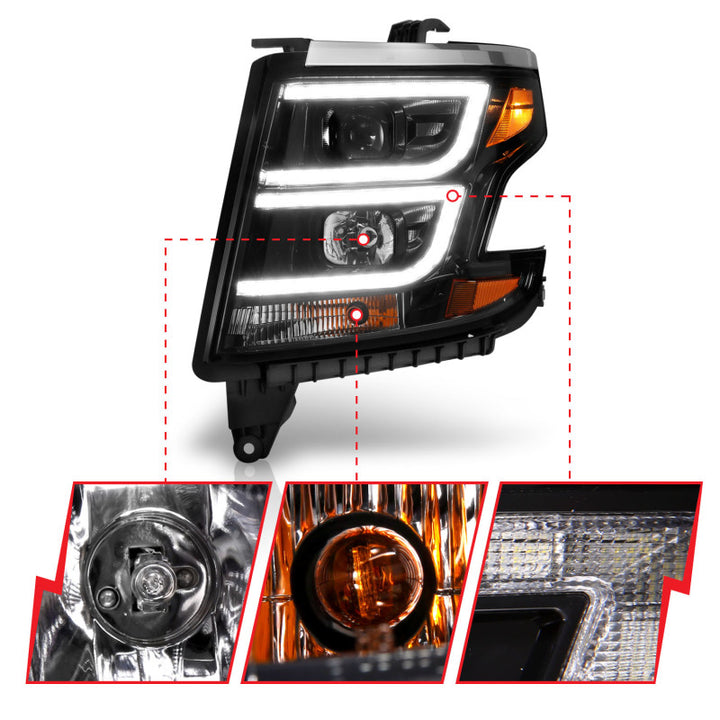 ANZO 2015-2020 Chevy Tahoe Projector Headlights Plank Style Black w/DRL - Bull Strap