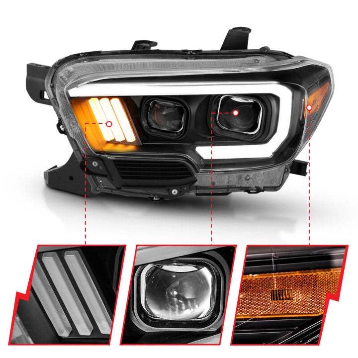 ANZO 2016-2017 Toyota Tacoma Projector Headlights w/ Plank Style Design Black/Amber w/ DRL - Bull Strap
