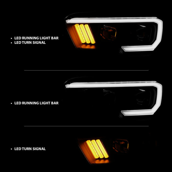 ANZO 2016-2017 Toyota Tacoma Projector Headlights w/ Plank Style Design Black/Amber w/ DRL - Bull Strap