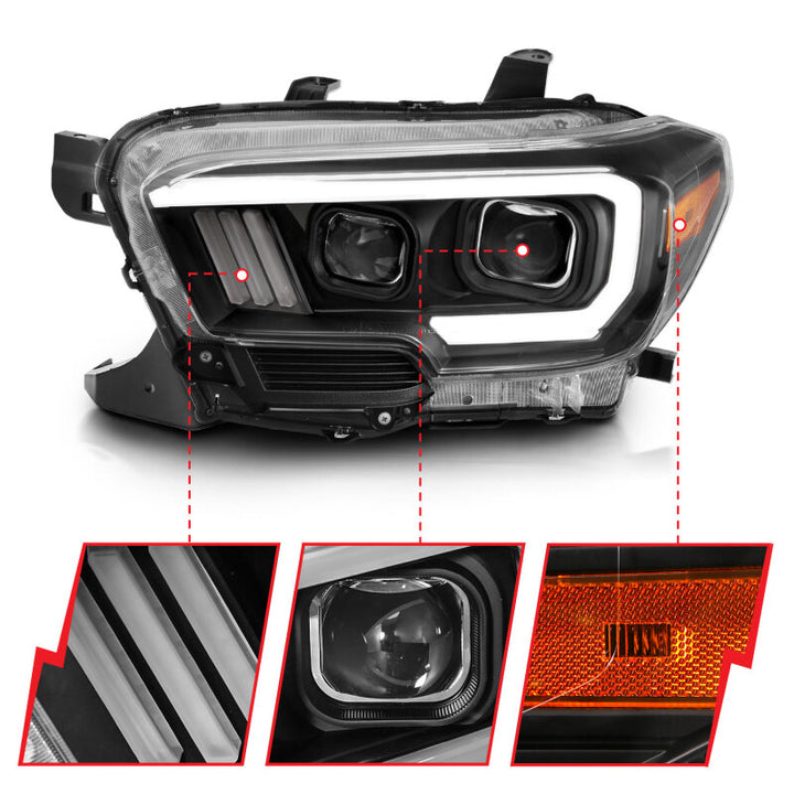 ANZO 2016-2017 Toyota Tacoma Projector Headlights w/ Plank Style Switchback Black w/ Amber - Bull Strap