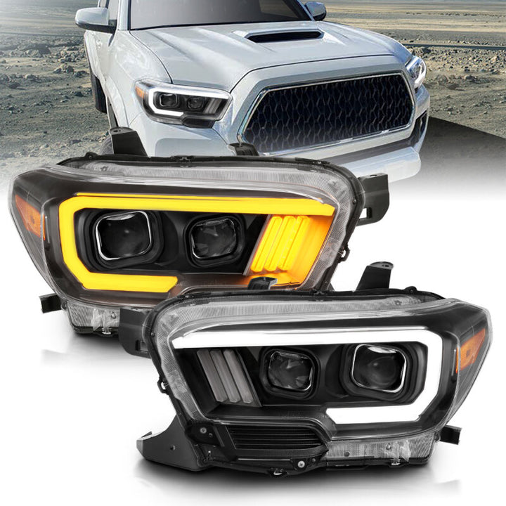 ANZO 2016-2017 Toyota Tacoma Projector Headlights w/ Plank Style Switchback Black w/ Amber - Bull Strap
