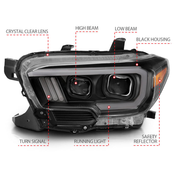 ANZO 2016-2017 Toyota Tacoma Projector Headlights w/ Plank Style Switchback Black w/ Amber - Bull Strap