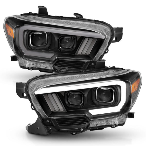 ANZO 2016-2017 Toyota Tacoma Projector Headlights w/ Plank Style Switchback Black w/ Amber w/ DRL - Bull Strap
