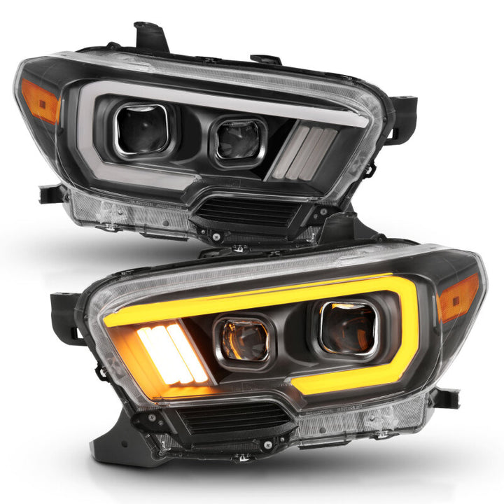 ANZO 2016-2017 Toyota Tacoma Projector Headlights w/ Plank Style Switchback Black w/ Amber w/ DRL - Bull Strap