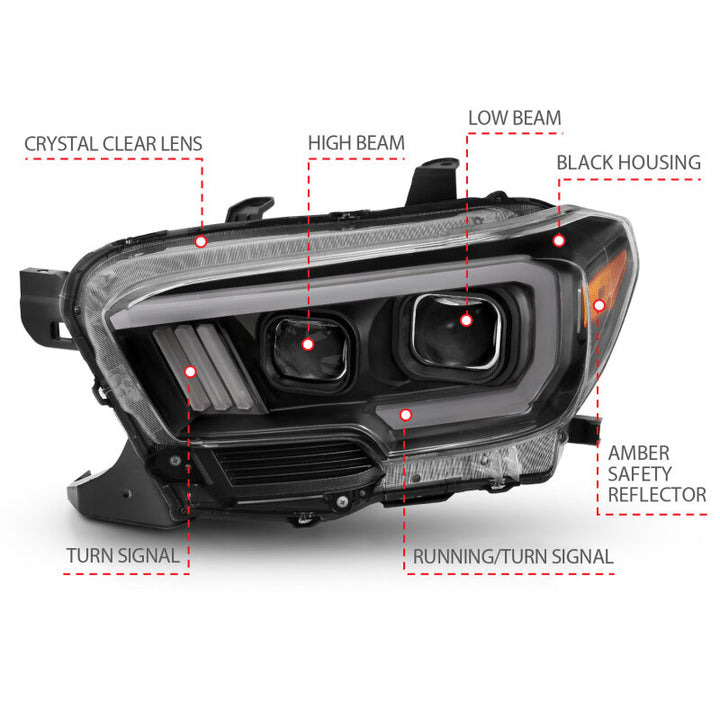 ANZO 2016-2017 Toyota Tacoma Projector Headlights w/ Plank Style Switchback Black w/ Amber w/ DRL - Bull Strap