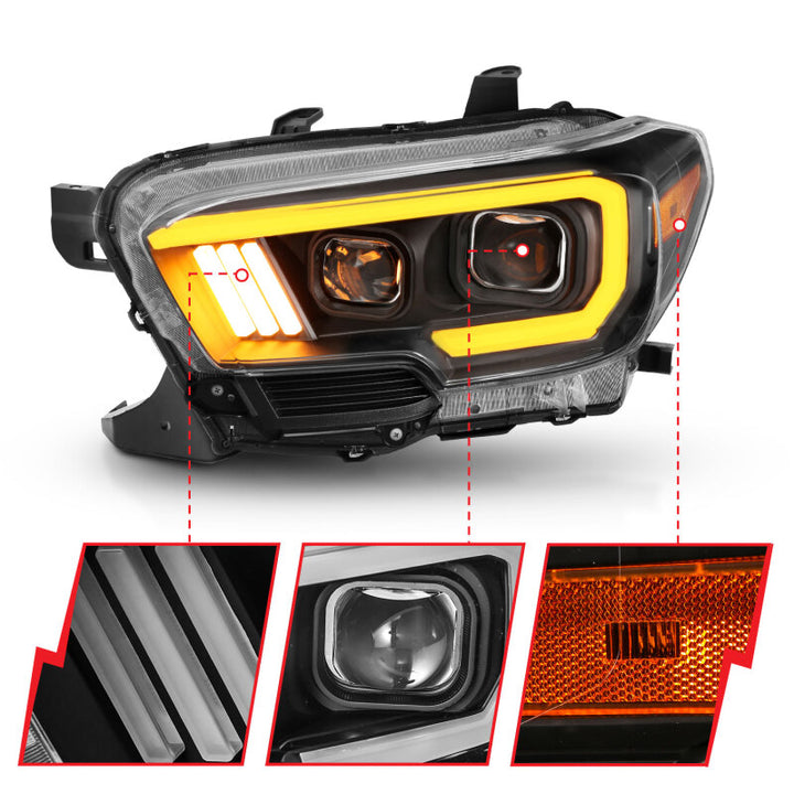 ANZO 2016-2017 Toyota Tacoma Projector Headlights w/ Plank Style Switchback Black w/ Amber w/ DRL - Bull Strap